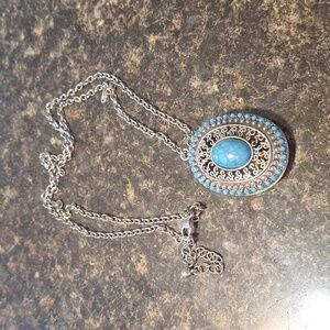 Vintage (?) Silver-Tone Repousse Turquoise Pendant Statement 16.5” Long Necklace